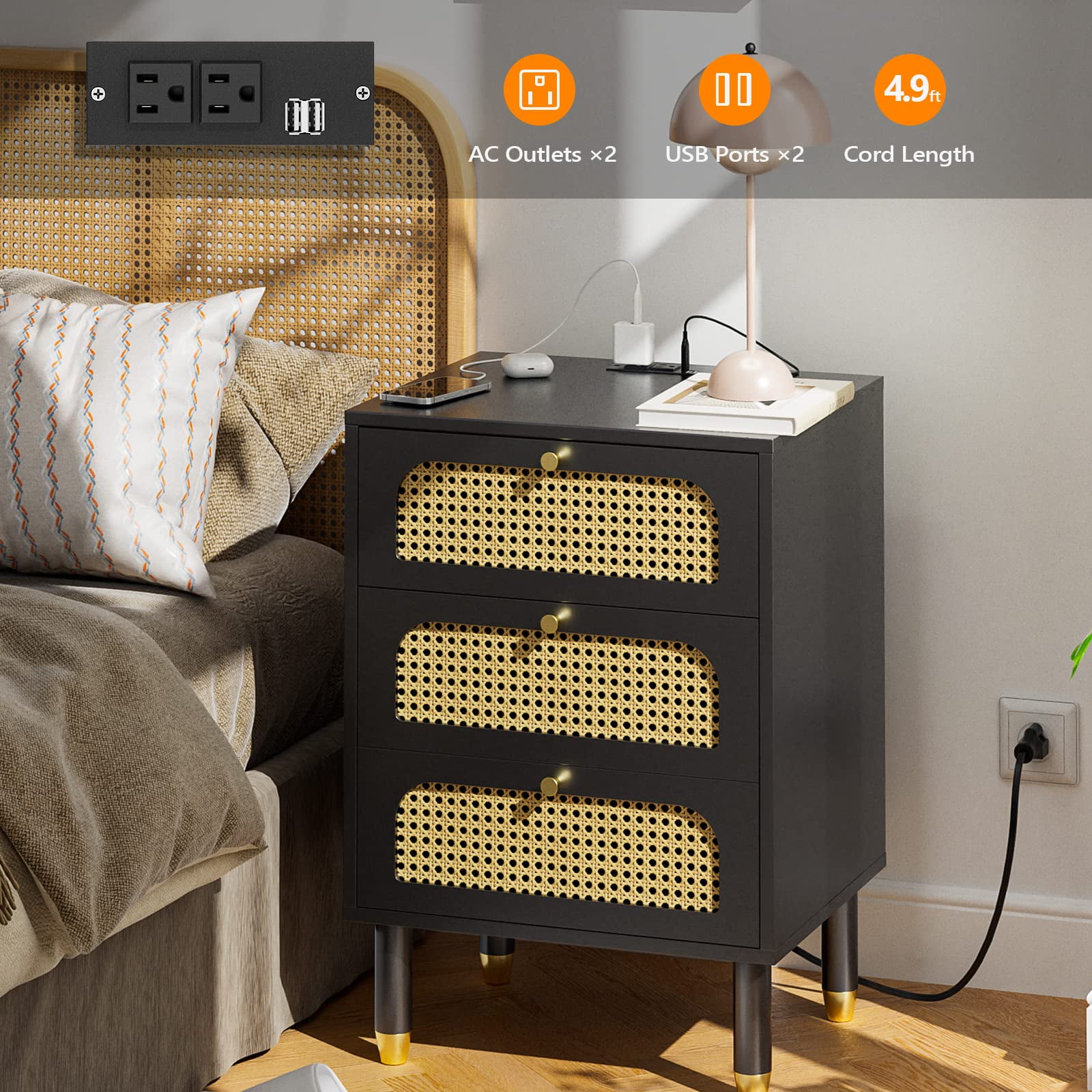 Ktaxon Nightstand Rattan Bedroom Bedside Table Mid Century Modern Nightstand Boho Side Table Wicker Nightstand with Charging Station Black