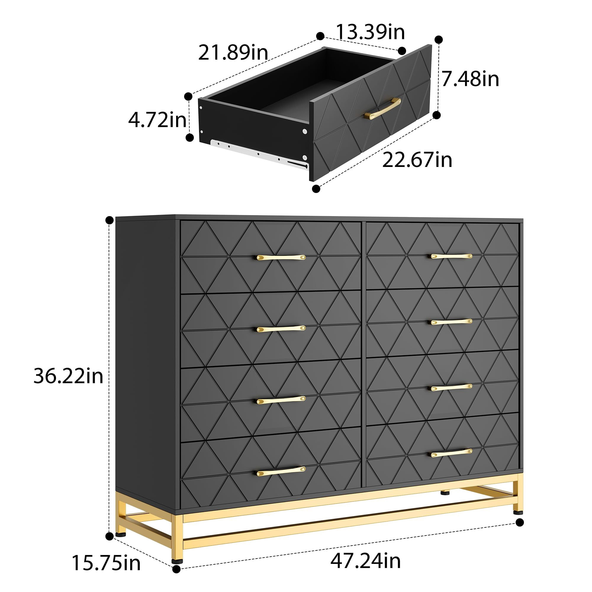 Dresser for Bedroom, Black Dresser with 8 Drawers, Dressers & Chests of Drawers, Metal Handle, Modern Design Dresser Wooden Dressers for Bedroom, Living Room, Long Nightstand (Black)