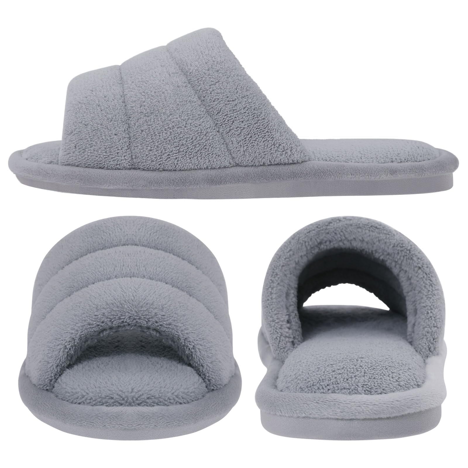 Litfun Open Toe Slippers for Women Comfort Terry Cloth House Slippers Memory Foam Slide Slippers, Grey