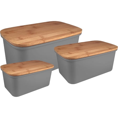 3 Pack Storage Bins with Bamboo Lids, Food Plastic Storage Containers with Lids Stackable Storage Box, Comes with 3 Storage Bins Multiple Sizes, Color White.