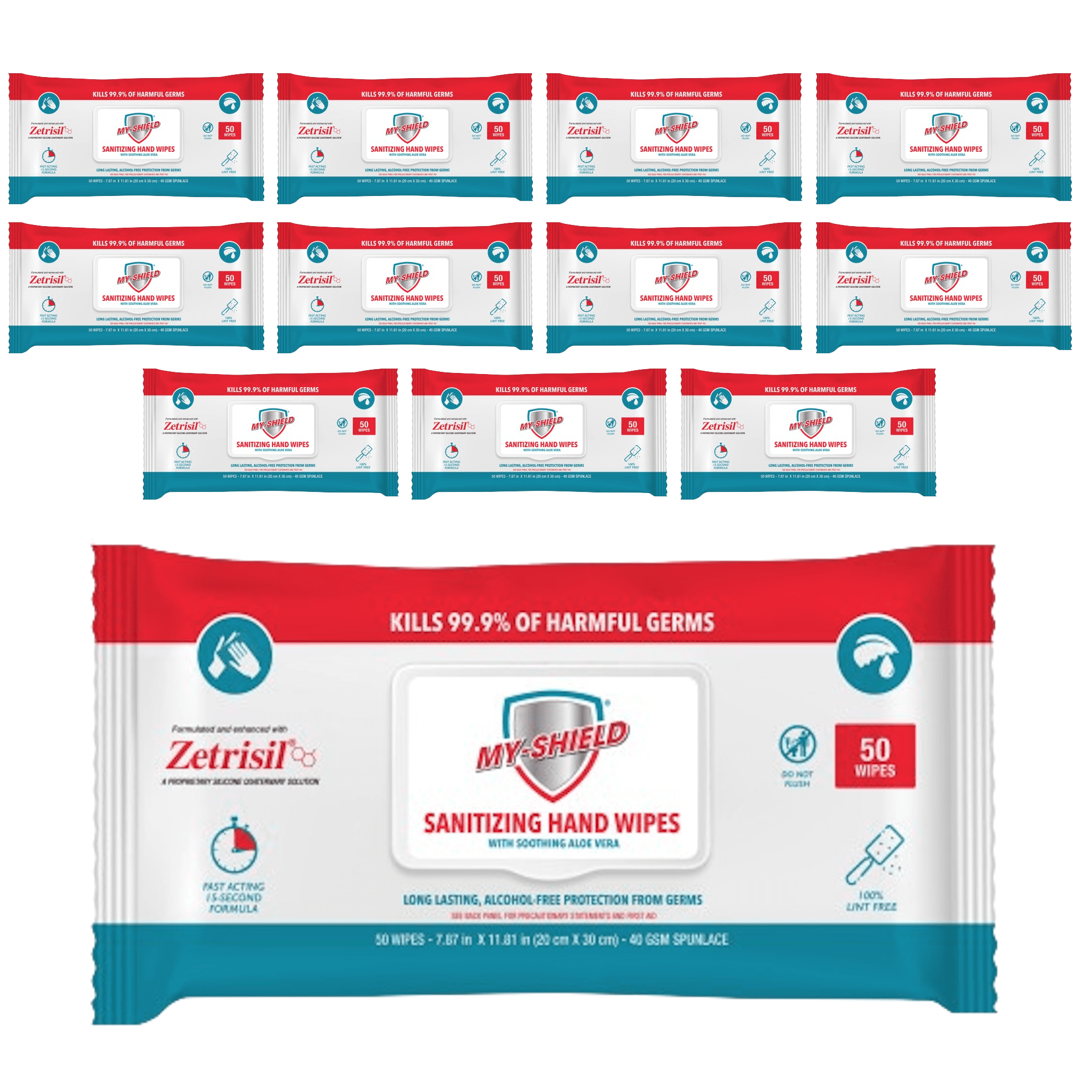 My-shield Sanitizing Hand Wipes w/Zetrisil - Alcohol FREE, 50ct (Case of 12) FDA Registered