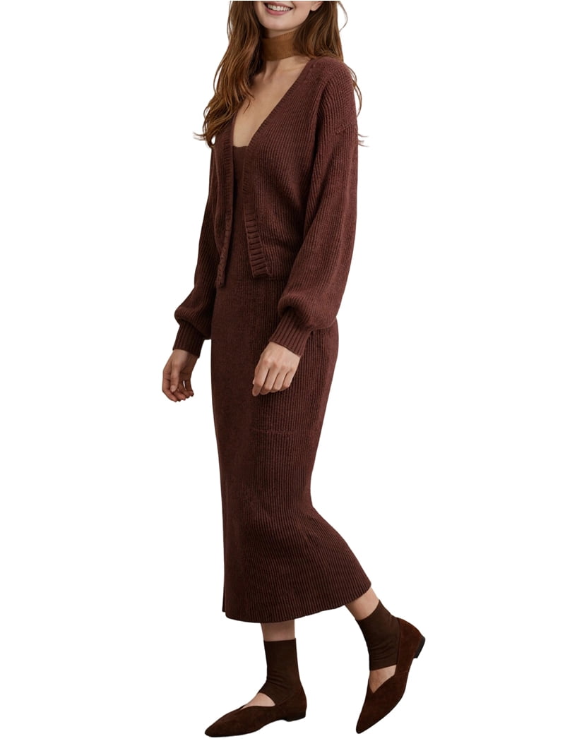 Women Fall Knit Sweater Dress Set Bodycon Midi Dresses Long Sleeve Cropped Cardigan 2 Piece Outfits Brown L