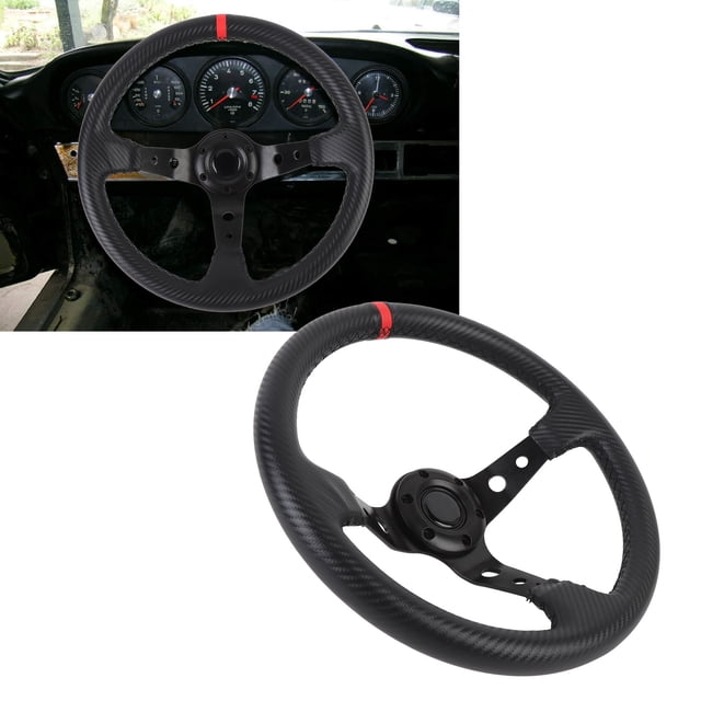 14in Car Racing Steering Wheel PVC for 6 Hole Hub Adapter Aluminum Universal Carbon Fiber Look Sport Steering Wheel with Horn Button
