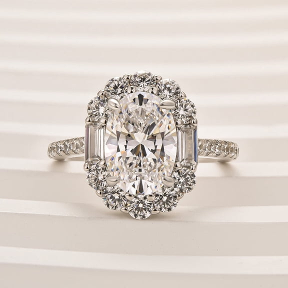 Veda Jewel 2 Ct Oval Cut Diamond Ring - 14K White Gold Plated Solitaire with Accents - Floral Halo Design for Women - Elegant Simple Wedding Ring - Perfect for Special Occasions and Celebrations