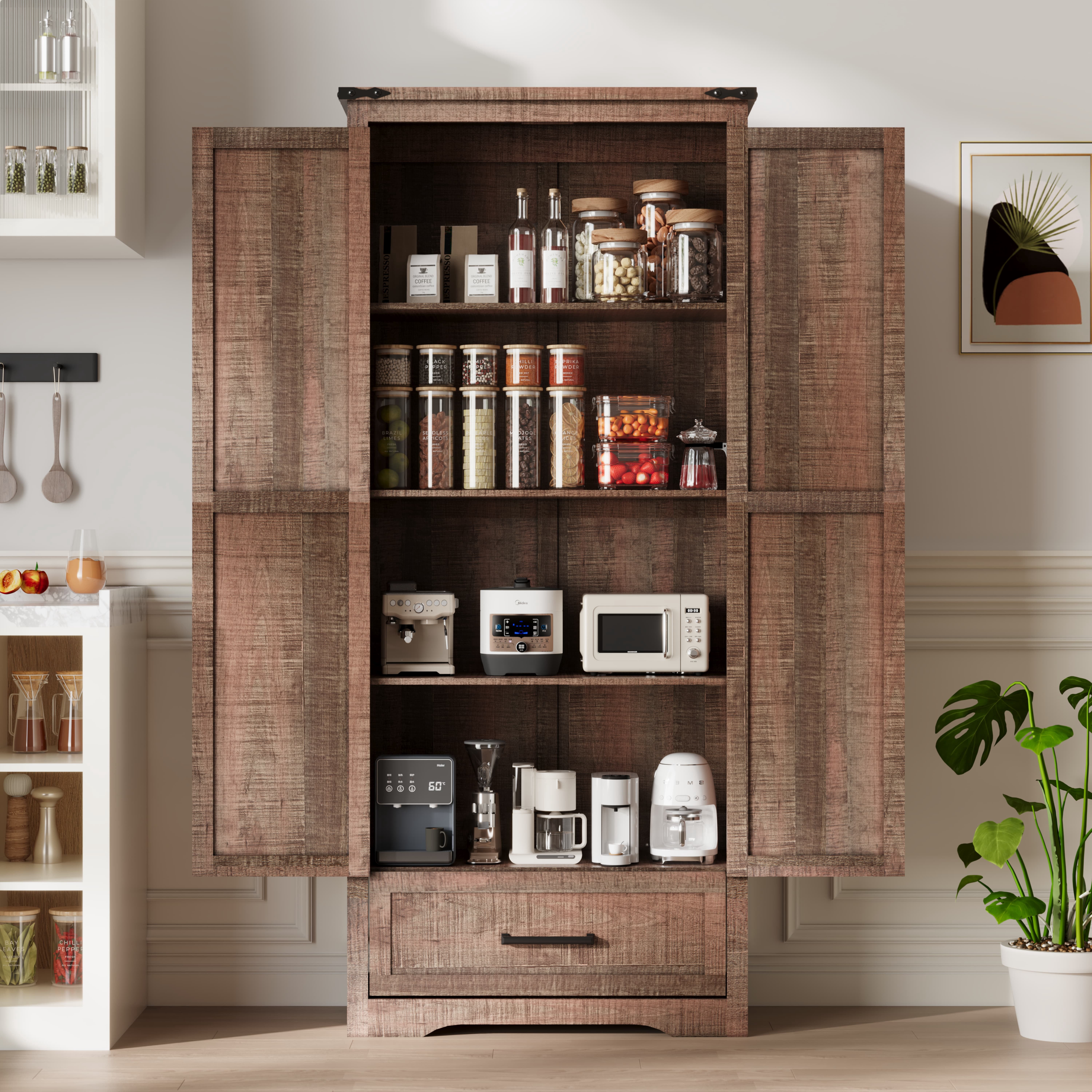 ACCOHOHO Pantry Cabinet, 72" Tall Farmhouse Storage Cabinet with Adjustable Shelves & 1 Drawer for for Kitchen, Dining Room, Rustic Brown