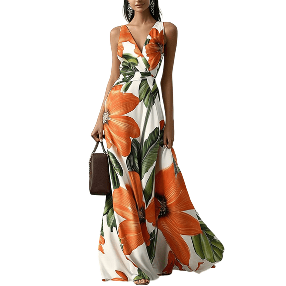 Maxi Dress Summer Casual Dress Floral Print Women's 2026 Summer Twisted V Neck Sleeveless Long Dress Wedding Guest Party Bodycon
