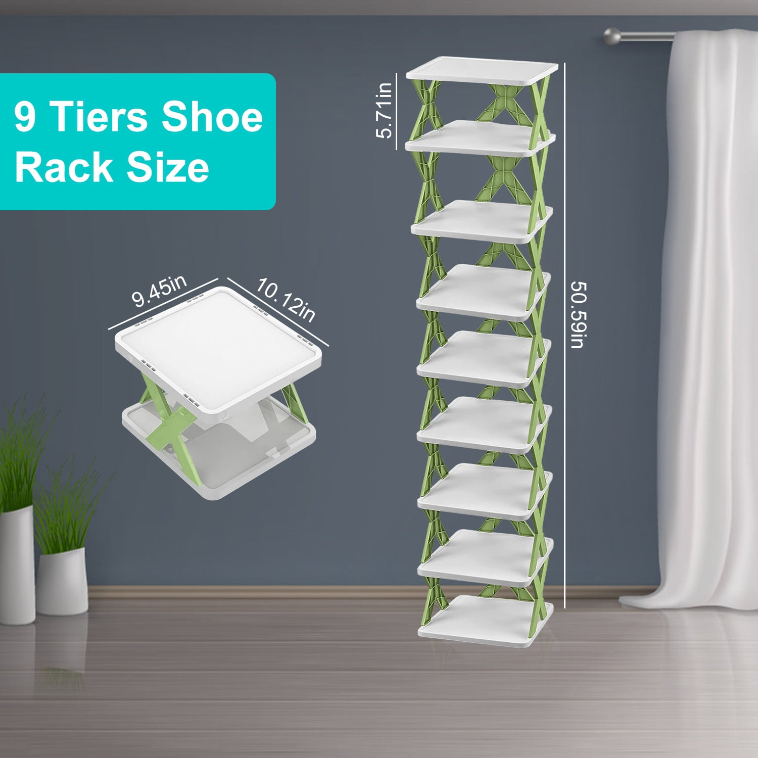 9-Tier Stackable Vertical Shoe Rack TeqHome DIY Narrow Free Standing Shoe Organizer Space Saving for Entryway and Bedroom Blue