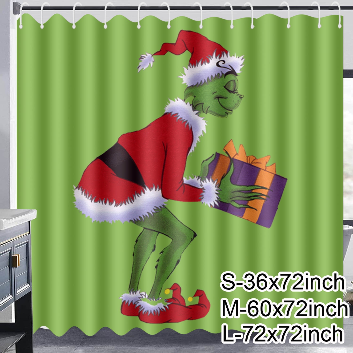 Christmas Grinch Shower Curtain, Cloth Fabric Bathroom Decor Set with