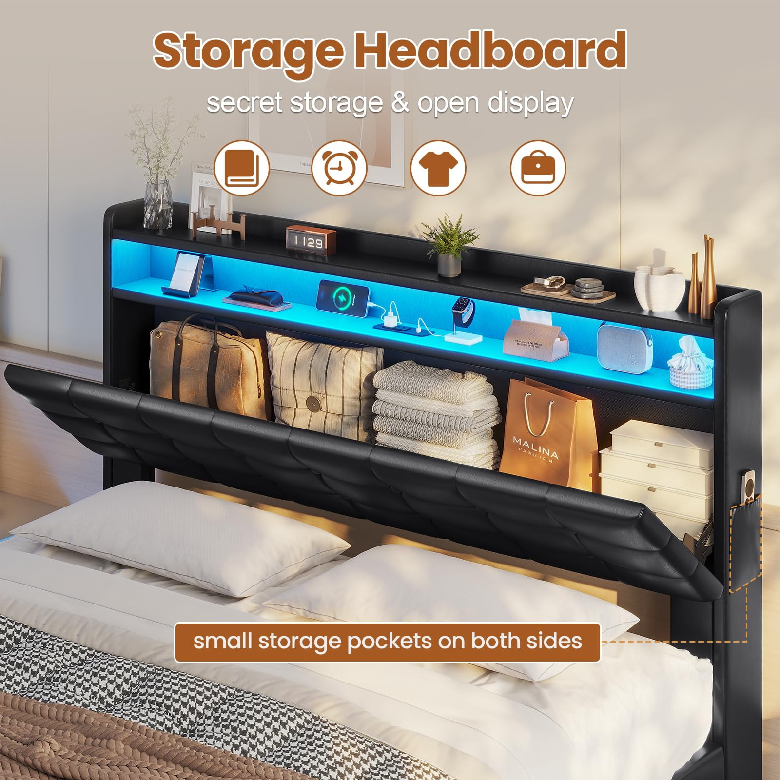 Amuzer Queen Bed Frame with Lift Up Storage,Type-C Charging Station,Hidden Storage Headboard, Upholstered Platform Bed with LED Lights,with Hydraulic, No Box Spring Needed,Black