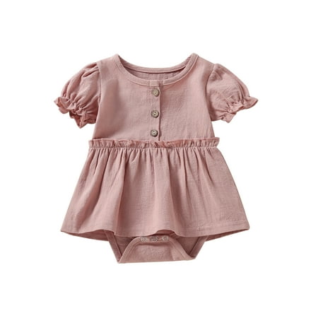 

TFFR Newborn Girl Short Sleeve Romper Solid Color Button Round Neck Patchwork Dress Style Playsuit Casual Simple Bodysuit