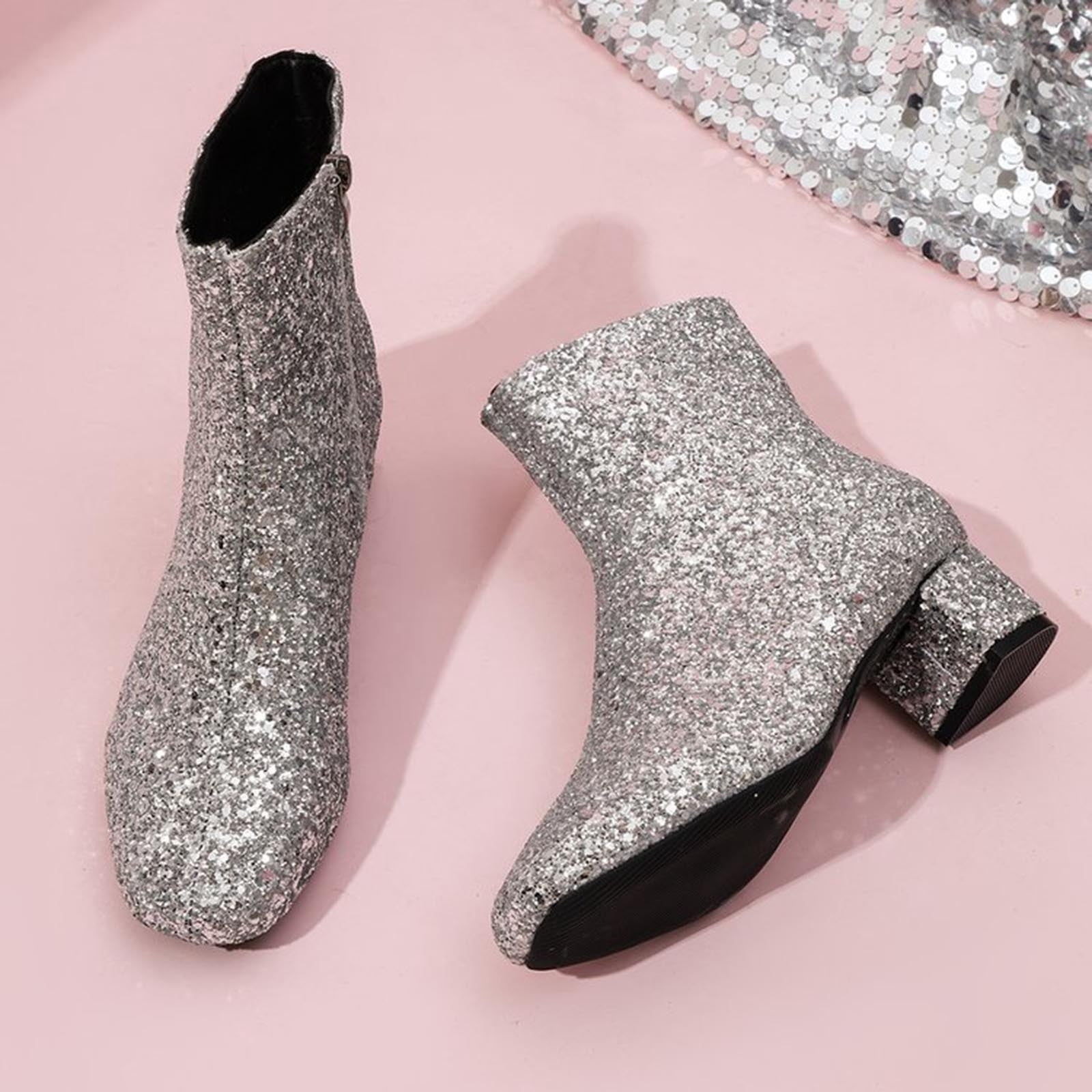 Miluxas Women's Sequins Glitter Chunky Heel Ankle Boots Sparkly Wedding Bridal Party Dress Shoes Block Low Heel Side Zipper Booties Silver 9.5(43)