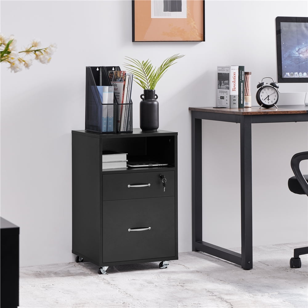 Yaheetech 2-Drawer Wooden Vintage File Cabinet with Wheels for Home and Office, Black