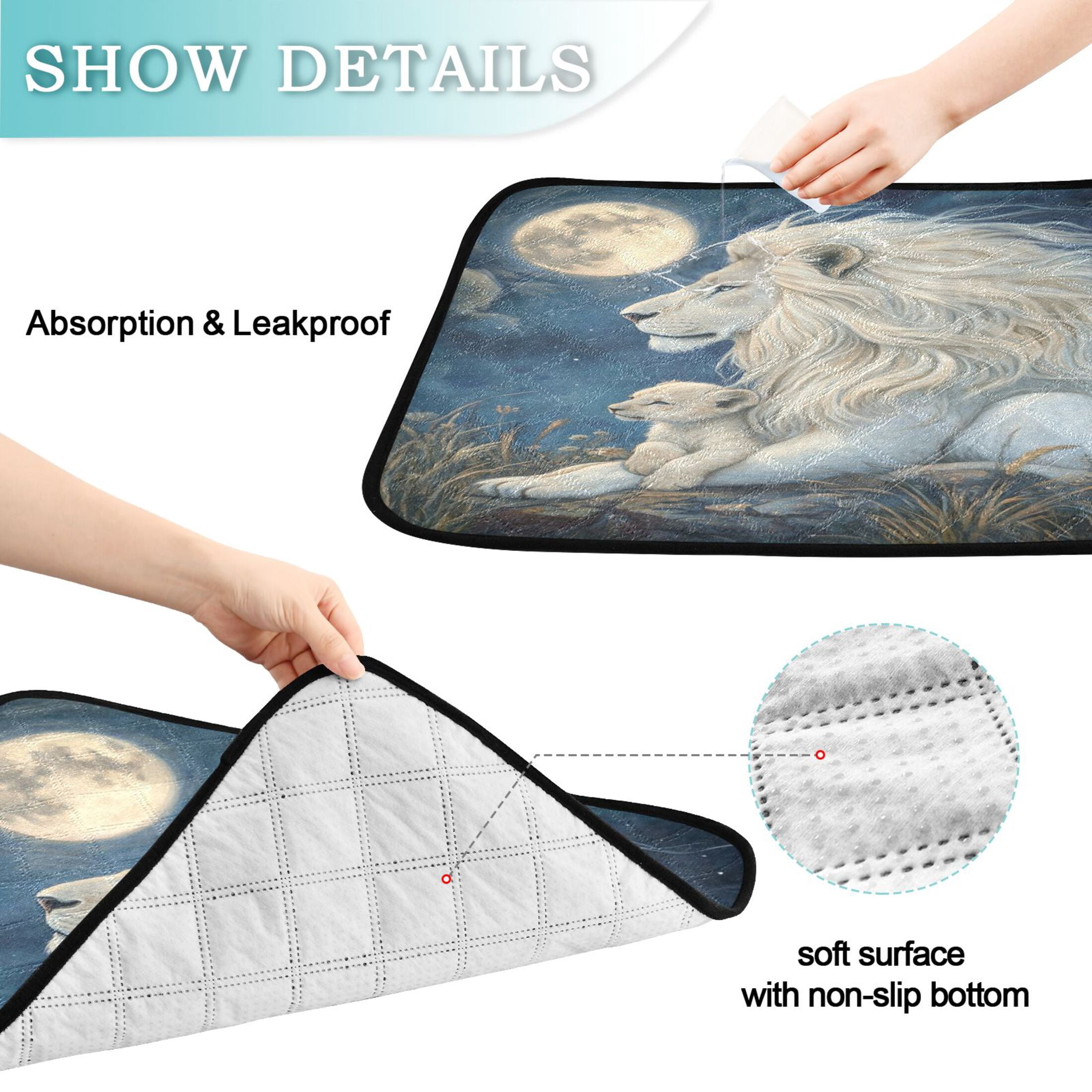 Qxltty White Maned Lion Cat litter Pads Pet Set of 3 Diaper Mats Center Anti-leakage Layer Absorbent Soft and Comfortable