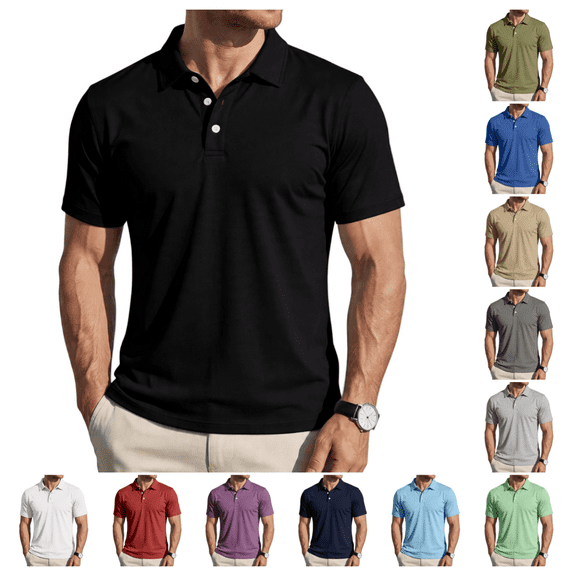 Hawaiian Polo Shirts for Men Summer Golf Beach Short Sleeve Solid T-Shirts Quick Dry Lightweight Regular Fit Collared Shirt Black L