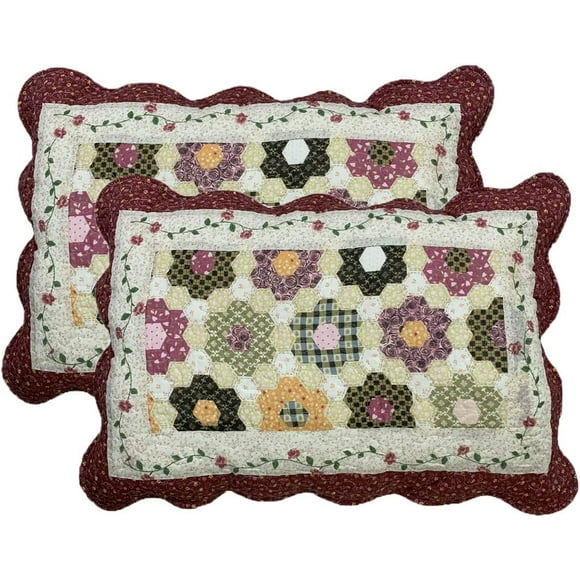 2-Piece Boho Cotton Quilted Bed Pillow Shams Floral Printed Patchwork Pillow Shams Set, Standard Size (1132 Red, 20"x28")