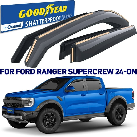 Goodyear Shatterproof in-Channel Window Deflectors for Ford Ranger 2024-2026 SuperCrew, Rain Guards, Window Visors for Cars, Vent Deflector, Car Accessories, 4 pcs - GY008018