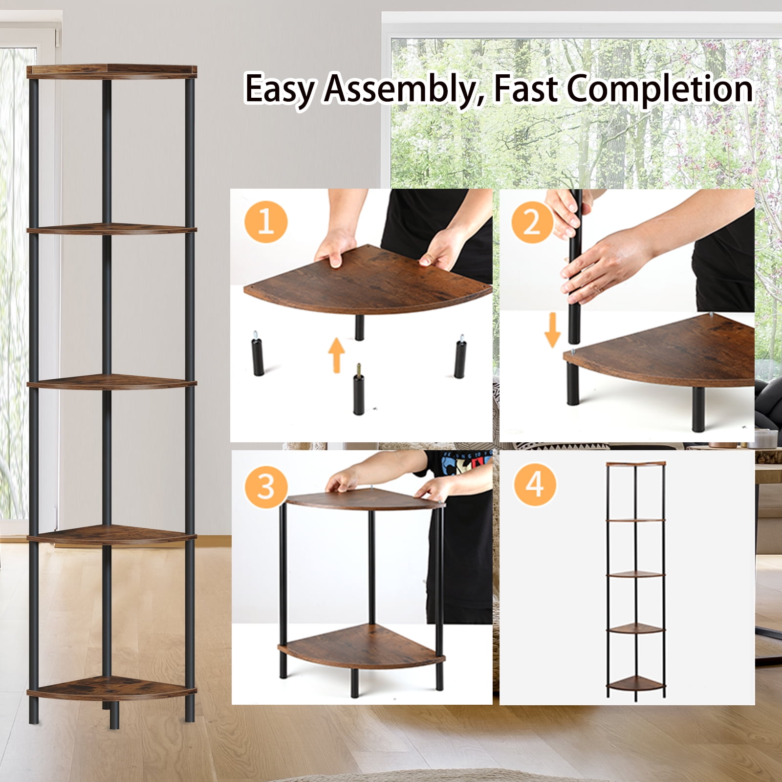 SUNMORY 65" Corner Shelf Stand, 5-Tier Industrial Corner Shelves, Wall Corner Bookshelf, Display Shelf Tall Shelf Plant Stand for Bedroom, Bathroom, Living Room, Corridor