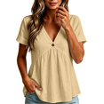 thumbnail image 2 of XAOFW Womens T Shirts Solid Color V Neck Button Up Loose Fitting Short Sleeved T Shirt Stylish Top L, 2 of 4