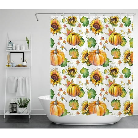 HVEST Fall Pumpkin Sunflower Shower Curtain, Rustic Plants Green Leaves Yellow Floral and Autumn Harvest Pumpkins Shower Curtain Farmhouse Bathroom Polyester Fabric Bath Curtain with Hook, 60X72 inch