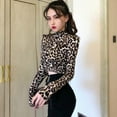 thumbnail image 2 of Women's Leopard Print Turtleneck Slim Long Sleeve Crop Top, 2 of 5