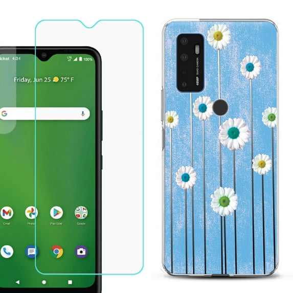 Slim-Fit Gel TPU Phone Case for Cricket Dream 5G, with Tempered Glass Screen Protector, by OneToughShield ® - Daisy Sky