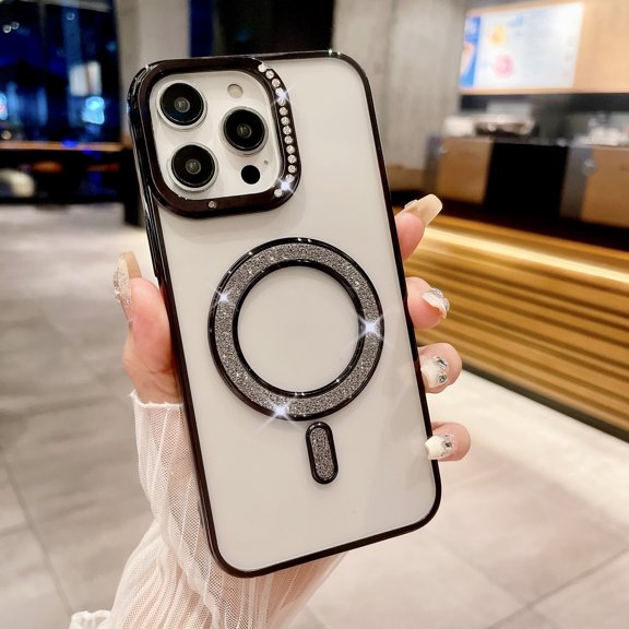 for iPhone 11 Clear Case, Compatible with Mag-Safe, Shockproof Military-Grade Protection, Diamond Lens Frame Design, Flexible Plating Edge Magnetic Phone Case for iPhone 11, Black