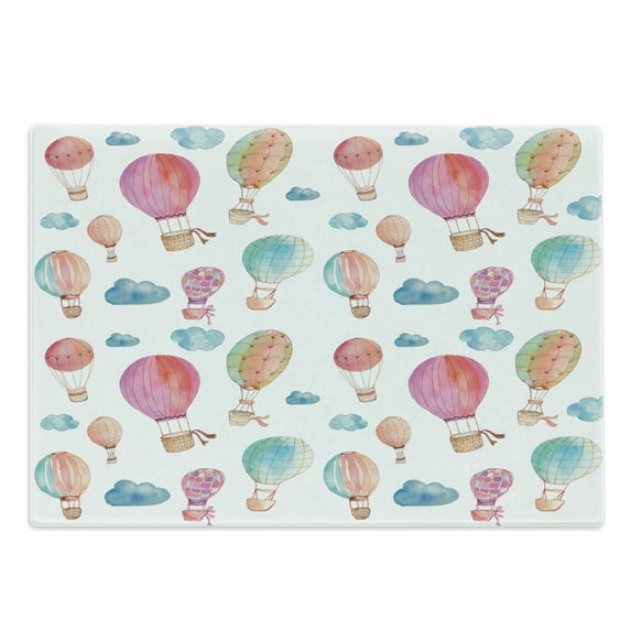 Watercolor Cutting Board, Hand Painted Style Floating Hot Air Balloons Clouds Print, Decorative Tempered Glass Cutting and Serving Board, Large Size, Blue Pink Coral, by Ambesonne