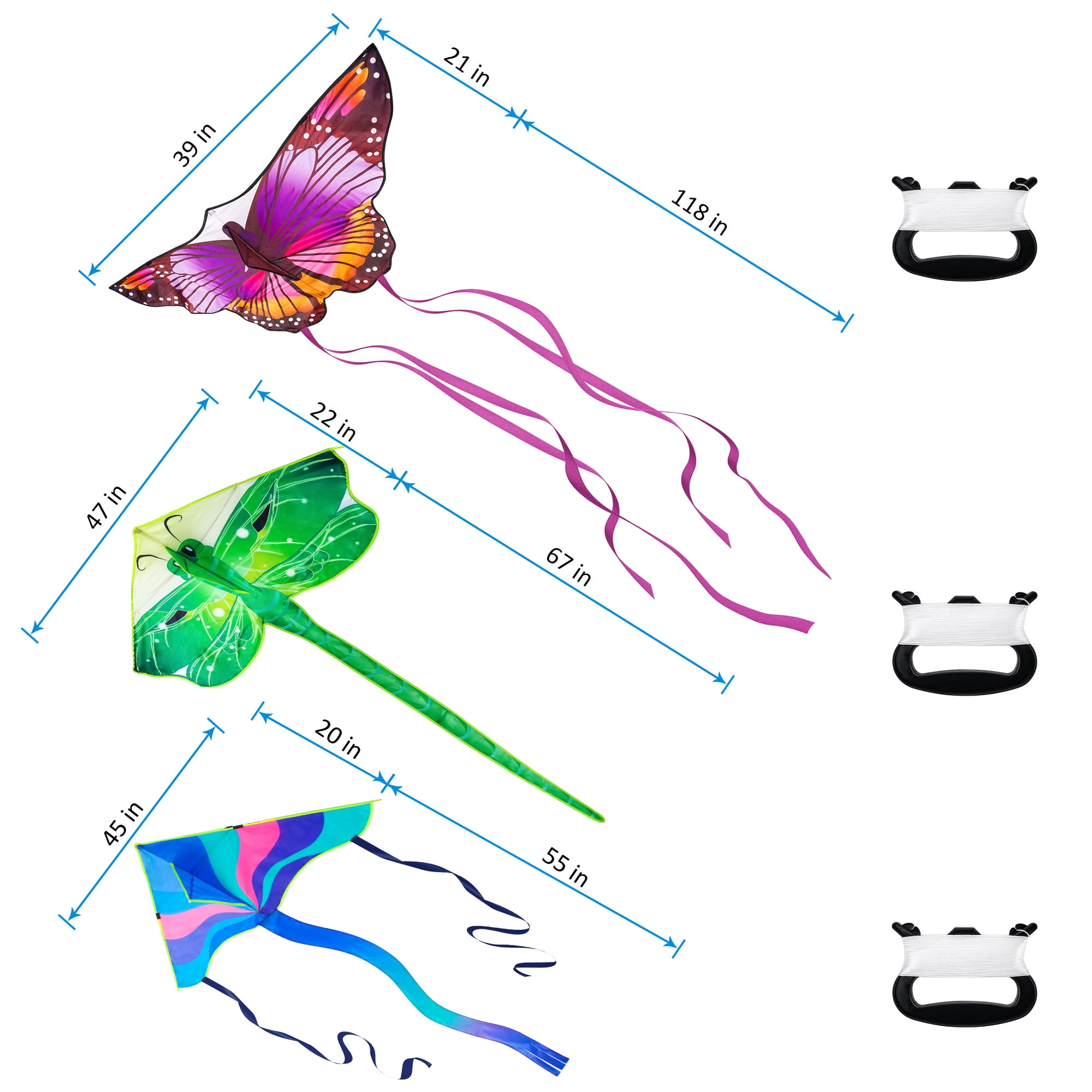 Crogift 3-Pack Large Kite Set Butterfly, Delta, and Dragonfly Easy to Fly Polyester Kites for Kids Ages 4-8 8-12 and Adults