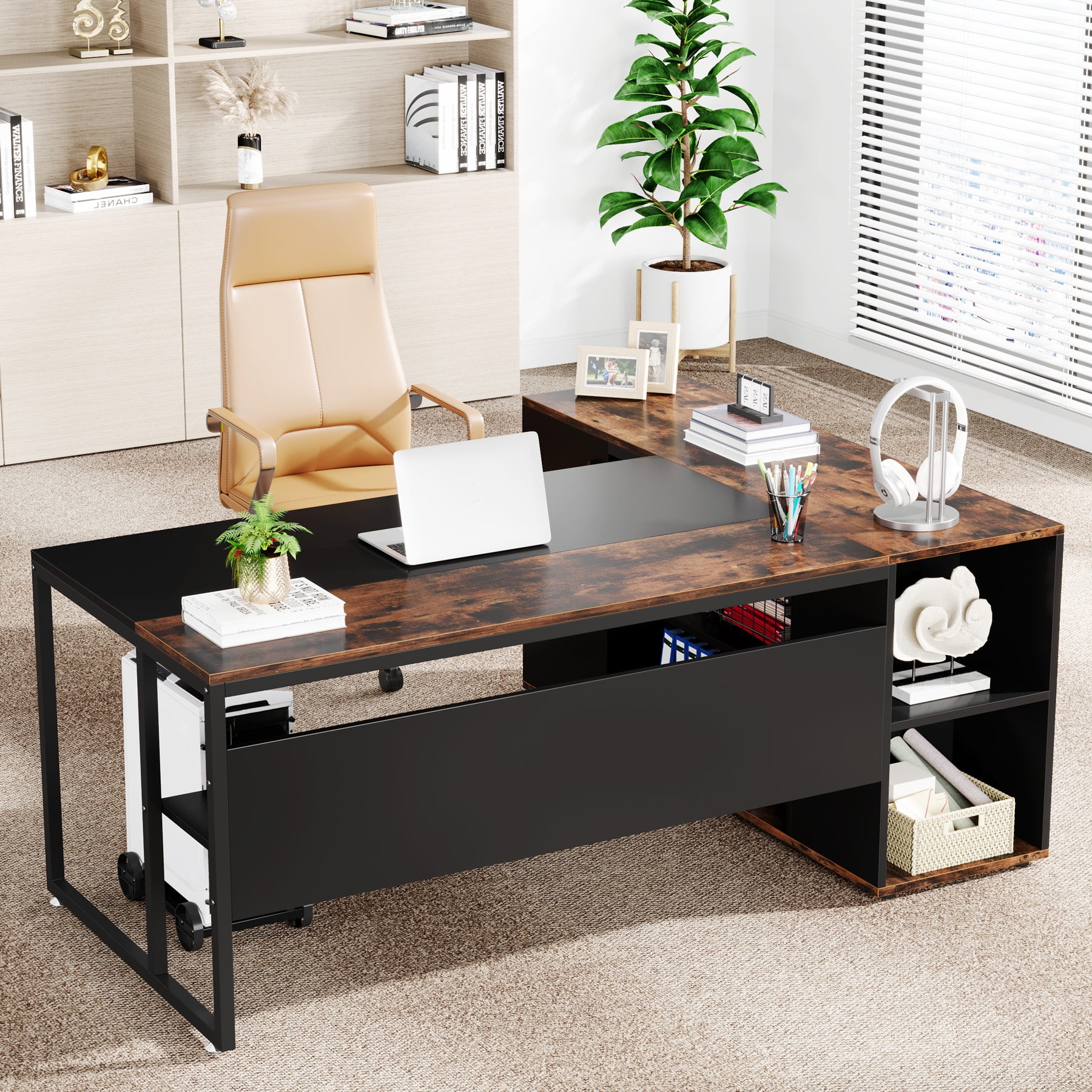 Tribesigns 71 inch L Shaped Executive Desk with Cabinet Storage, Rustic Brown Business Furniture Desk Workstation with Shelves for Home Office