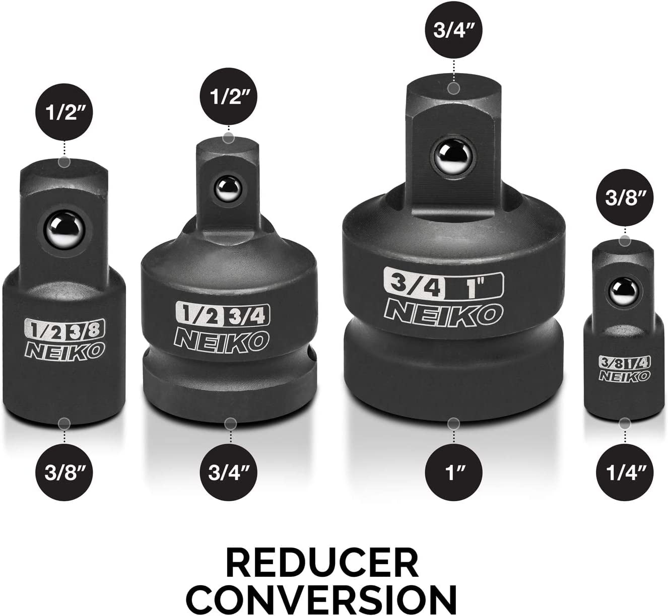 NEIKO 30223A 8 PC Impact Socket Adapter Set, Standard SAE, Cr-V Steel, Impact Driver & Wrench Conversion Kit, Locking Impact Socket Adapters & Reducer Set, Ball Detent, 1/4”, 3/8”, 1/2", 3/4”, 1”