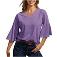 thumbnail image 2 of tarylea Tops for Women Trendy V Neck 3/4 Flare Sleeve Blouse Solid Color Dressy Shirts Casual Loose Summer Cute Tops, 2 of 8