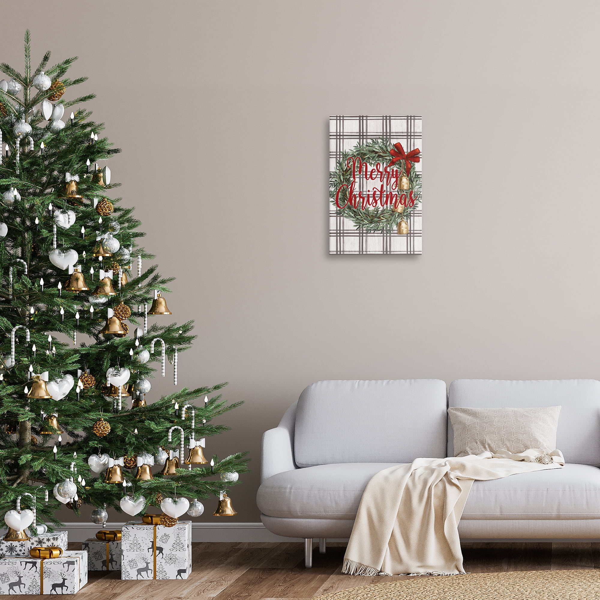 Stupell Industries Plaid Christmas Wreath Holiday Painting Gallery Wrapped Canvas Art Prints Wall Art, 16 x 24
