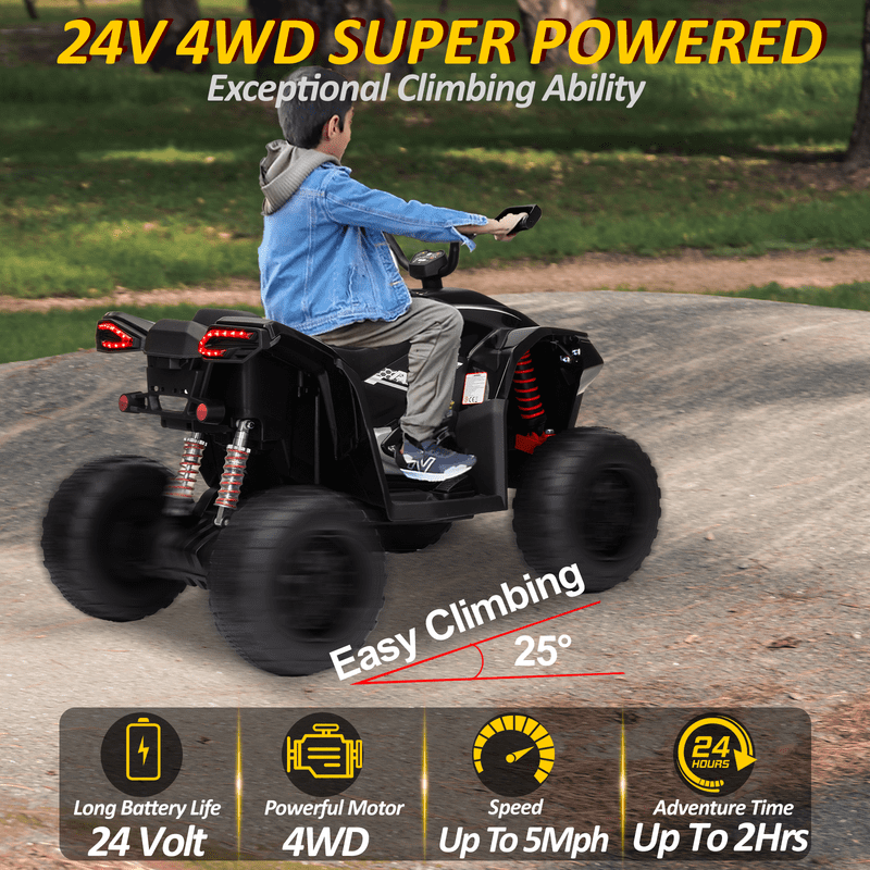 Kids ATV 4 Wheeler, 24V 2 Seater Electric ATV Quad w/4WD Motor, Protective Gear Set, Bluetooth, LED Lights, Spring Suspension, Battery Powered Ride on Toys for Big Kids, Boys, Girls, Christmas, Black