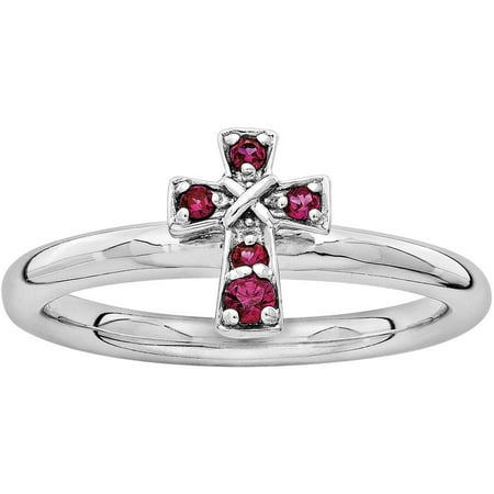 Stackable Expressions Created Ruby Sterling Silver Rhodium Cross Ring