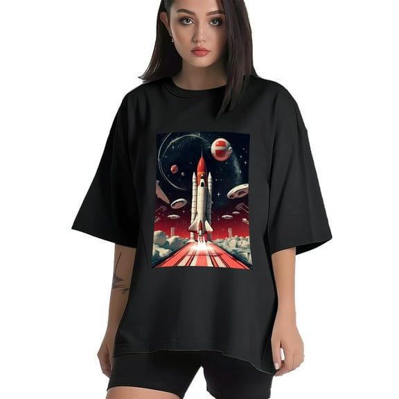 Plus Size Shirt for Women Black Tops for Women Short Sleeves Shirt for Women Rockets T Shirt Crewneck Shirt for Women XS