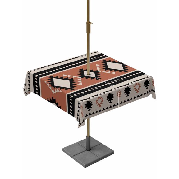 Outdoor Tablecloths with Umbrella Hole & Zipper, Khaki Boho 60x60 Inch Square Tablecloths, Vintage Ethnic Tribe Retro Abstract Art Waterproof Table Cloth, Patio/Pool/Picnic Table Covers