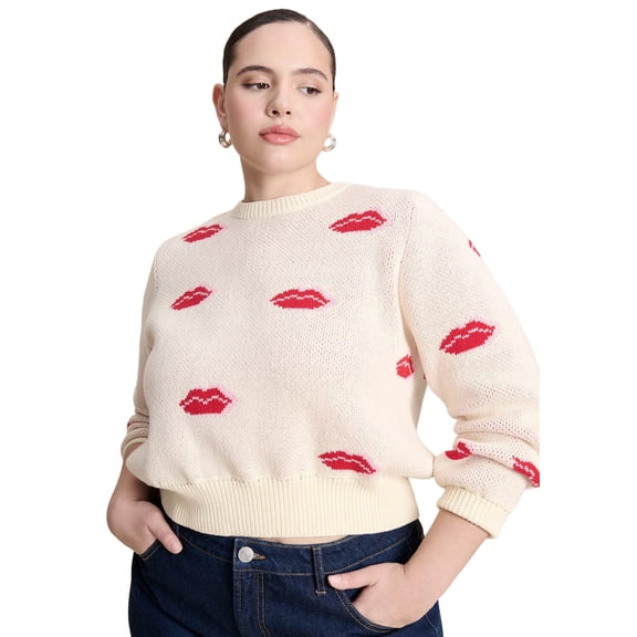 ELOQUII Women's Plus Size Scattered Lip Sweater