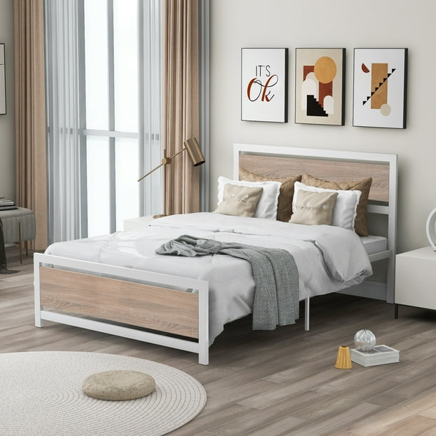 Full Size Metal Platform Bed Frame With Wooden Headboard And Slats Rustic Country Style Mattress Foundation No Box Spring Needed Strong Support Easy Assembly White Com Full Size Metal Platform Bed Frame With, Country Style King Bed Frames With Storage