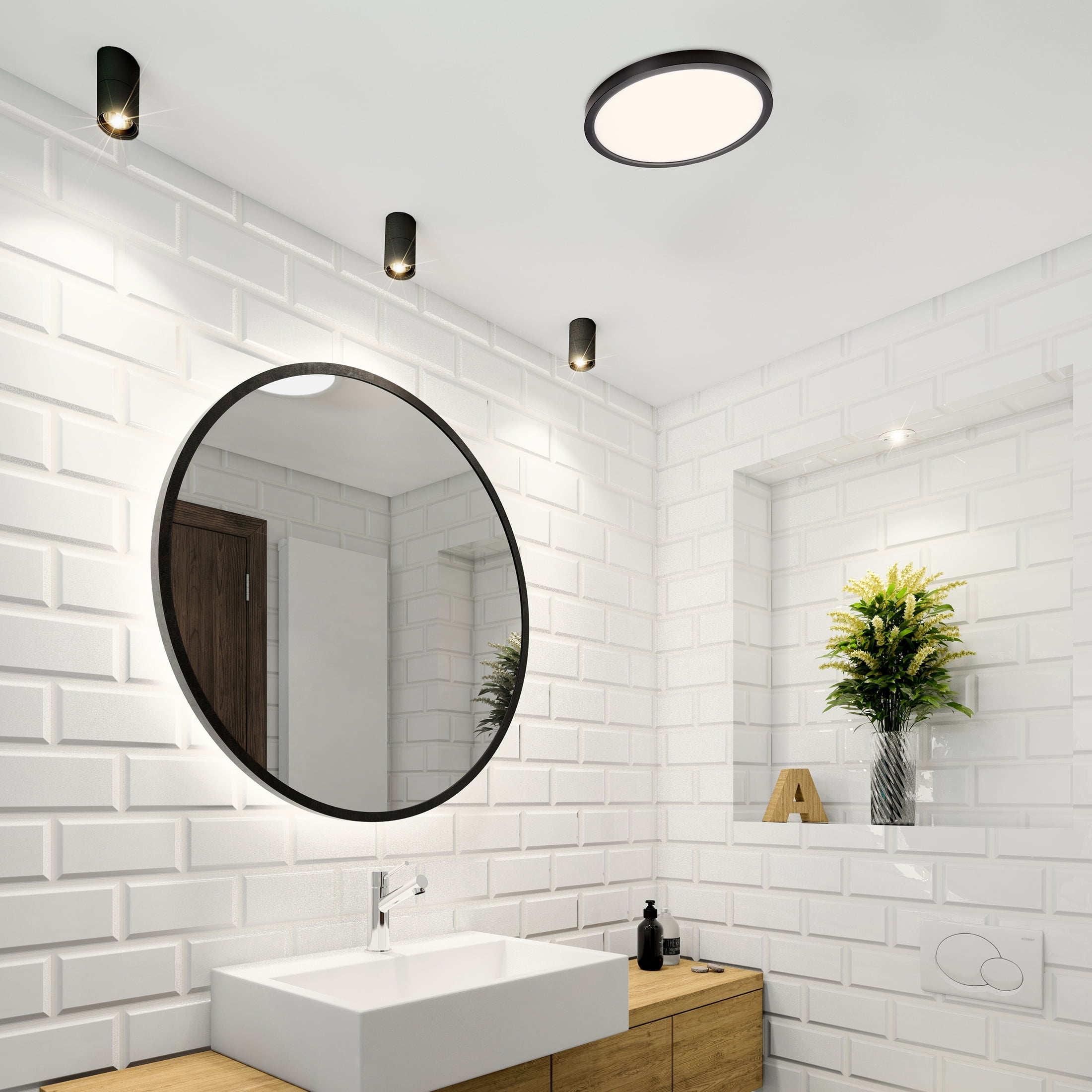 Maxxima 14 in. LED Flush Mount Ceiling Light, 5 CCT 2700K-5000K, 2400 Lumens, Traditional Indoor Black Trim Round Panel Light, Dimmable