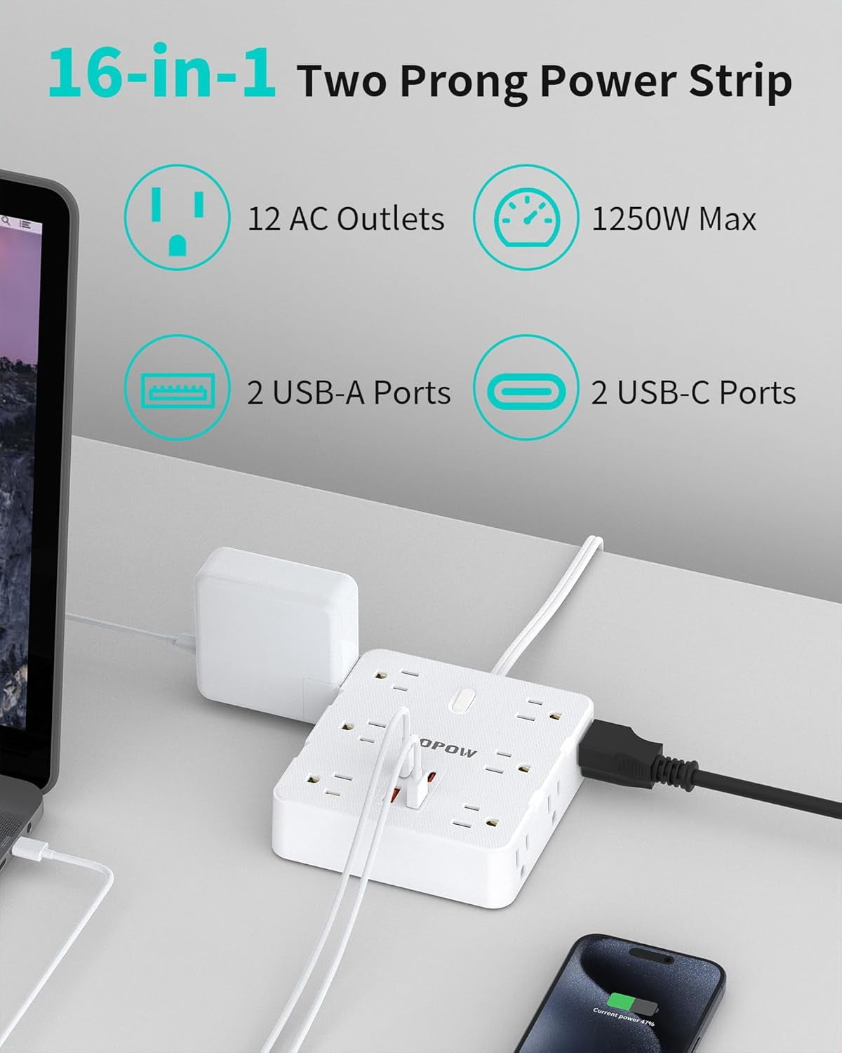 2 Prong Power Strip, 2 Prong to 3 Prong Outlet Adapter with 12 AC & 4 USB(2 USB-C), 1700J Two Prong Sur Protector, 5FT Extension Cord, Wall Mountable, Ideal for Old House Non-Grounded Outlets