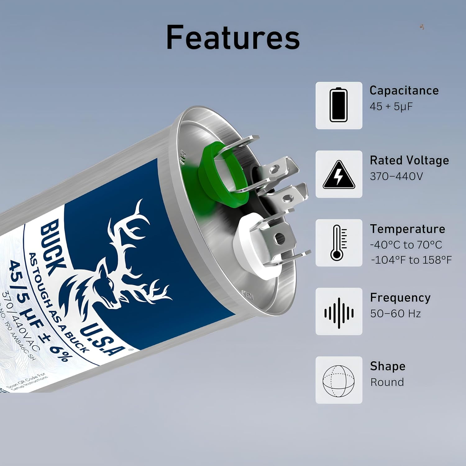 Buck 45+5uF 45/5 MFD ±6% CBB65B Dual Run Round Start Capacitor - Ideal for HVAC Systems, Air Conditioner Unit Fan Motor Start, Heat Pump, & Condenser Straight Cool Applications 370/440VAC 50/60Hz