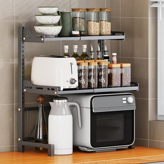 Extendable Microwave Oven Rack, 3-Tier Adjustable Microwave Shelf with 8 Hooks, 14.2 ''-24.4 '' L Microwave Rack, Kitchen Microwave Stand Countertop with Storage, Over Microwave Storage Shelf Black