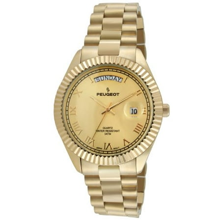 Bug Watch - Peugeot 14K All Gold-Plated Day Date Roman Numeral Stainless Steel Big Face Fluted Bezel Luxury Watch 1029G