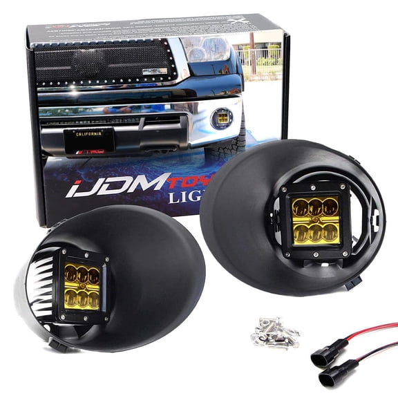 Yellow Lighting LED Pod Light Fog Lamp Kit For 2007-13 Toyota Tundra Pre-LCI, Includes 24W Yellow Lens LED Cubes, Foglight Bezel Covers, Mounting Brackets & Adapter Harnesses