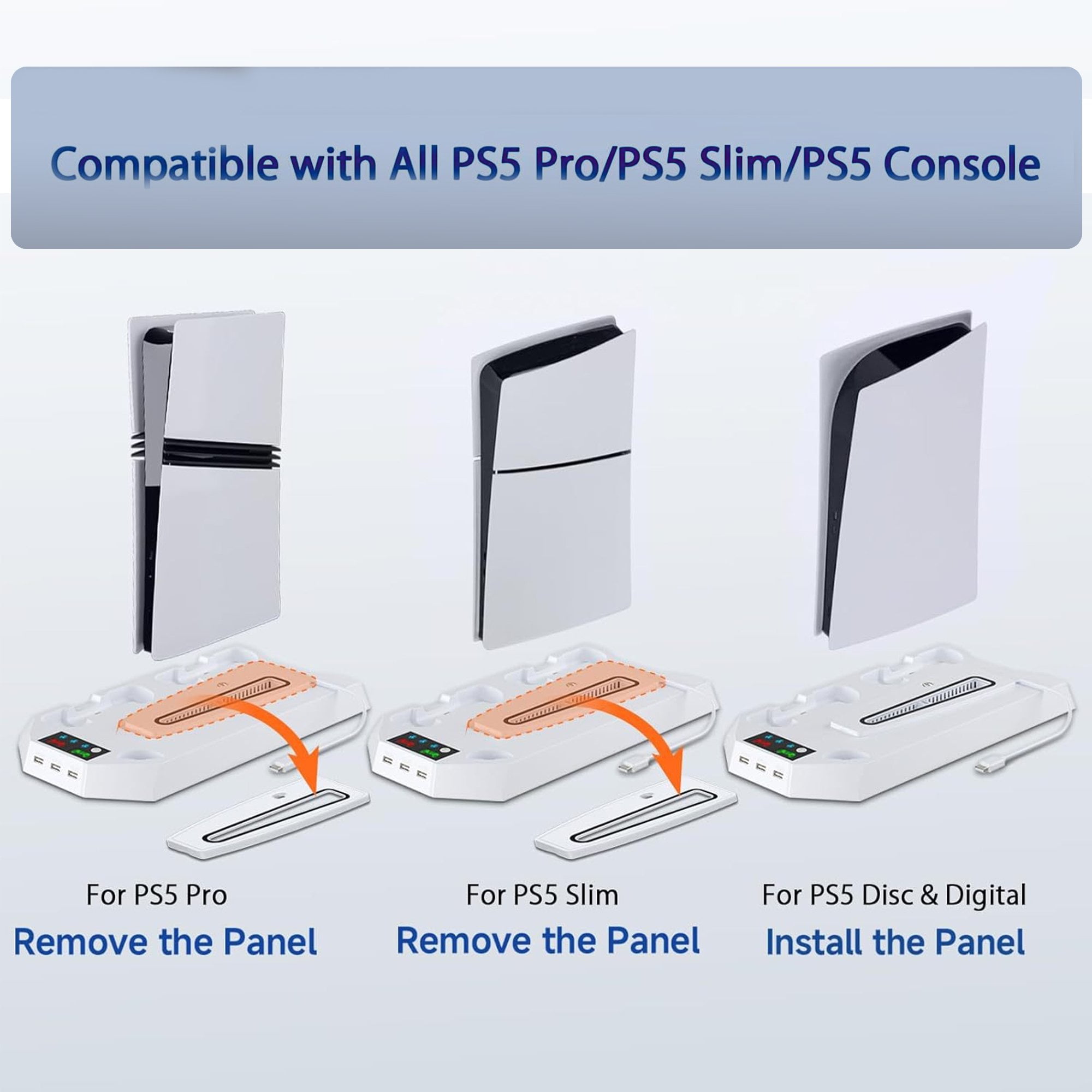 Cooling Stand Controller Charger with Headset Holder, 3 USB Hub for PS5, PS5 Slim, White