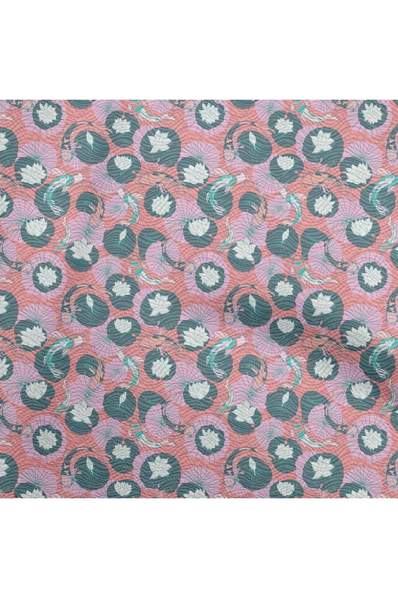 CottonPoplinPeachFabricAsianJapaneseKoiFishWithAbstractFlowerSewingCraftProjectsFabricPrintsByYard56InchWide