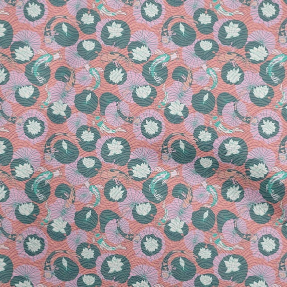 oneOoneRayonPeachFabricAsianJapaneseKoiFishWithAbstractFlowerSewingCraftProjectsFabricPrintsByYard56InchWide