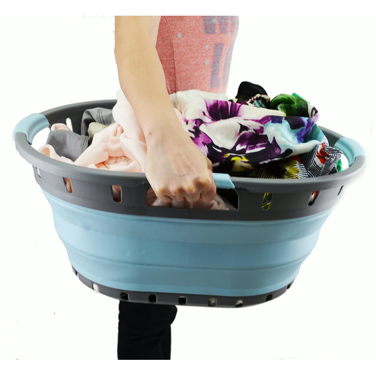 SAMMART Collapsible 3 Handled Plastic Laundry Basket - Oval Tub/Basket -  Foldable Storage Container/Organizer - Portable Washing Tub - Space Saving