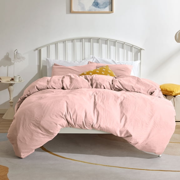 Sonive Washed Duvet Cover Set Queen, 3 Pieces Soft Cozy Textured Wrinkled Bedding Set, Rose pink