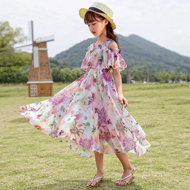 Robes pour Filles 1/ Robe Décontractée d'Été Col à Manches Courtes Imprimé Floral Fluide